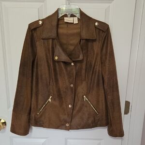 Chico's Brown faux Leather Bomber Jacket with Gold Accents